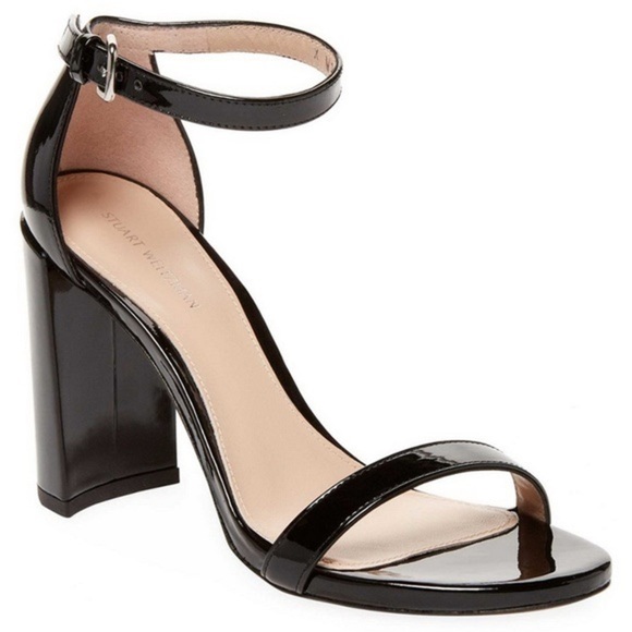 Stuart Weitzman Walkway Black Patent Leather Block Heels Sandals NWB Size 9 - Picture 1 of 11